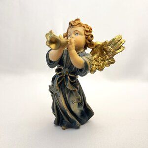 European Hand-Carved Wooden Angel Vintage Figurine Blue Robe Gold Wings 5 ¾”